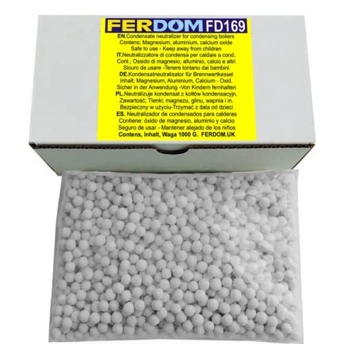 FERDOM FD169 1kg. Neutralizador de Condensados Para Todo Tipo de Calderas de Condensación. Protege los Sistemas de Alcantarillado y el Medio Ambiente del Agua. Pellets 5-10mm, pH 8-10. Producto Seguro